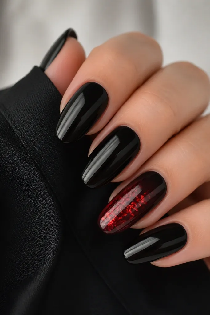Glossy black nails with one accent nail covered in irregular red foil flakes. The flakes look like thin shards and are concentrated near the center and tip. Other nails stay solid black.