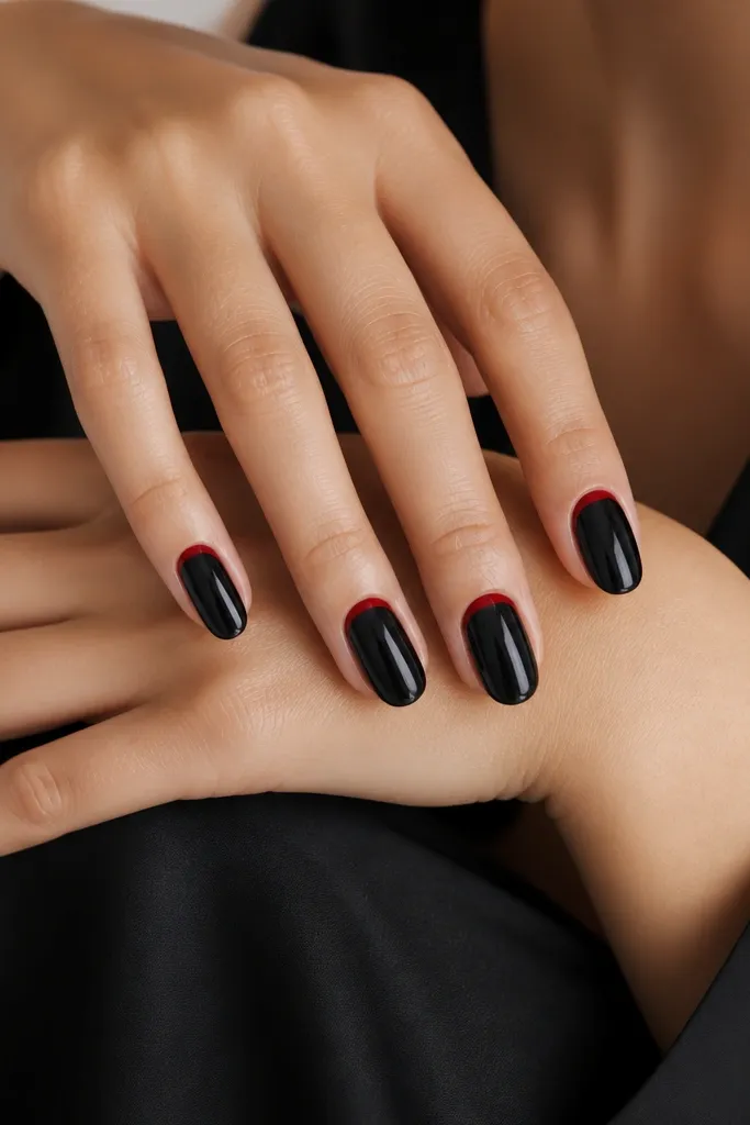 Glossy black nails with a thin red line that hugs the cuticle area like a reverse French. The red line is narrow and evenly spaced, leaving black between it and the nail tip.
