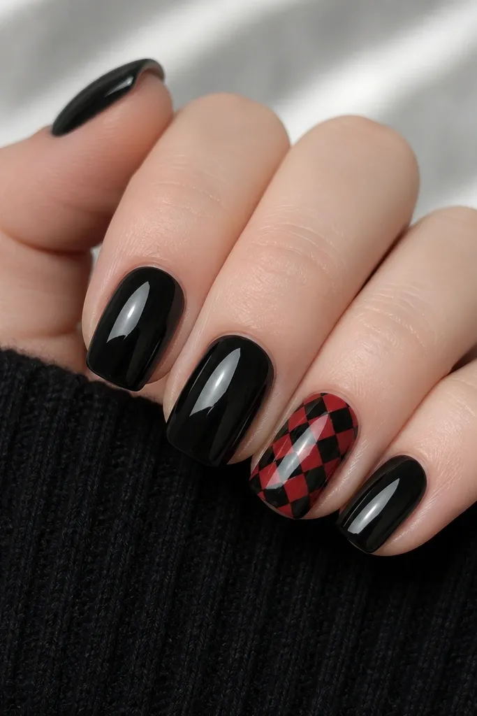 Most nails are glossy black. One accent nail has a diagonal checker pattern in red and black squares. The checker is small and aligned like a grid rotated 45 degrees.