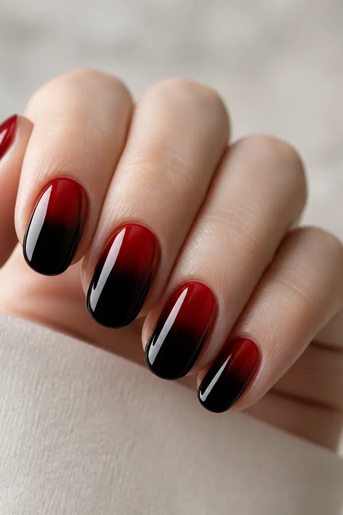 A black base covers the lower half of the nail, while a red jelly overlay covers the top half. The jelly is translucent and shows a glow over the black. The transition line is smooth.