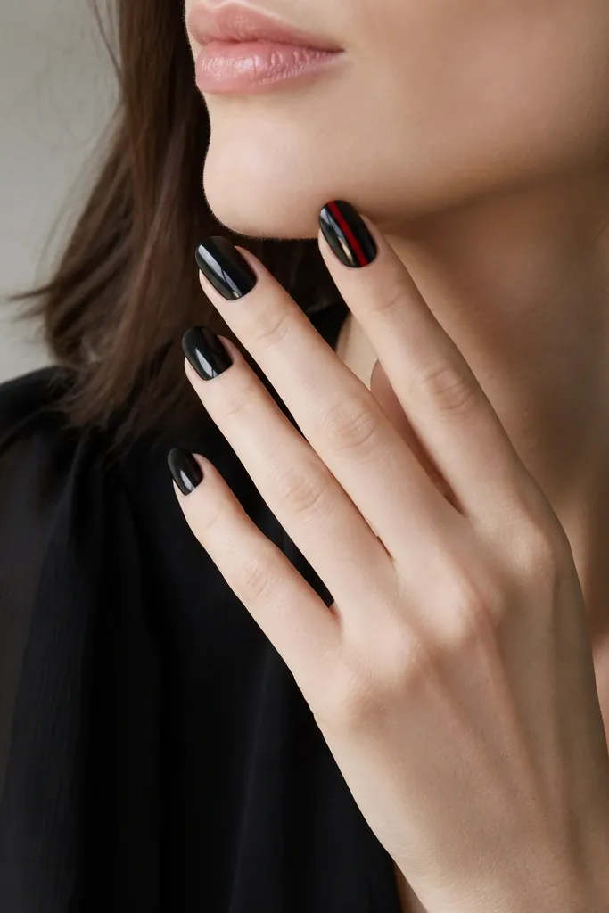 All nails are glossy black. The index finger nail has a single vertical red stripe running from cuticle to near the tip. The stripe is straight and about 1/8 inch wide.