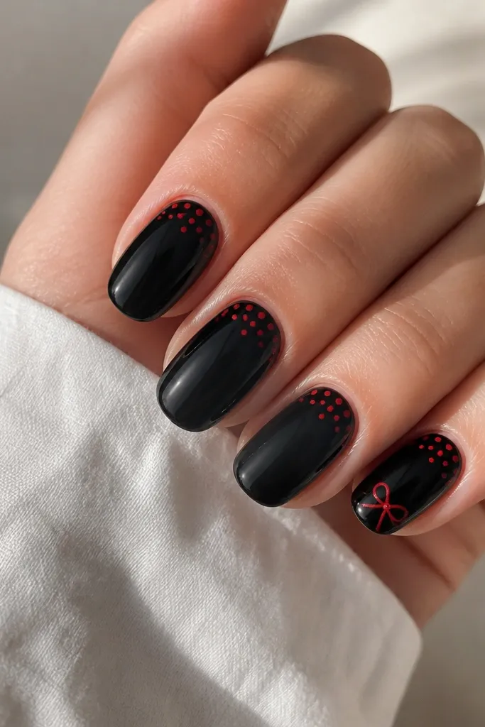 Glossy black nails with tiny red micro dots scattered near the cuticle on each nail. One nail has a small red bow tied near the tip, drawn with two loops and a center knot.