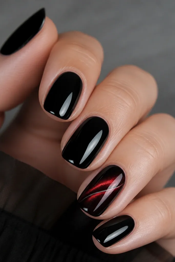 Glossy black nails with one accent nail featuring a red cat-eye effect. The accent nail has a magnetic red line running diagonally, outlined with a thin black curve. Other nails stay solid black.