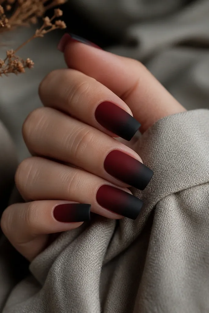 Square nails with a matte finish; black is strongest near the tips and fades into deep red near the center, with a soft, velvety gradient and no shine except a faint shadow.
