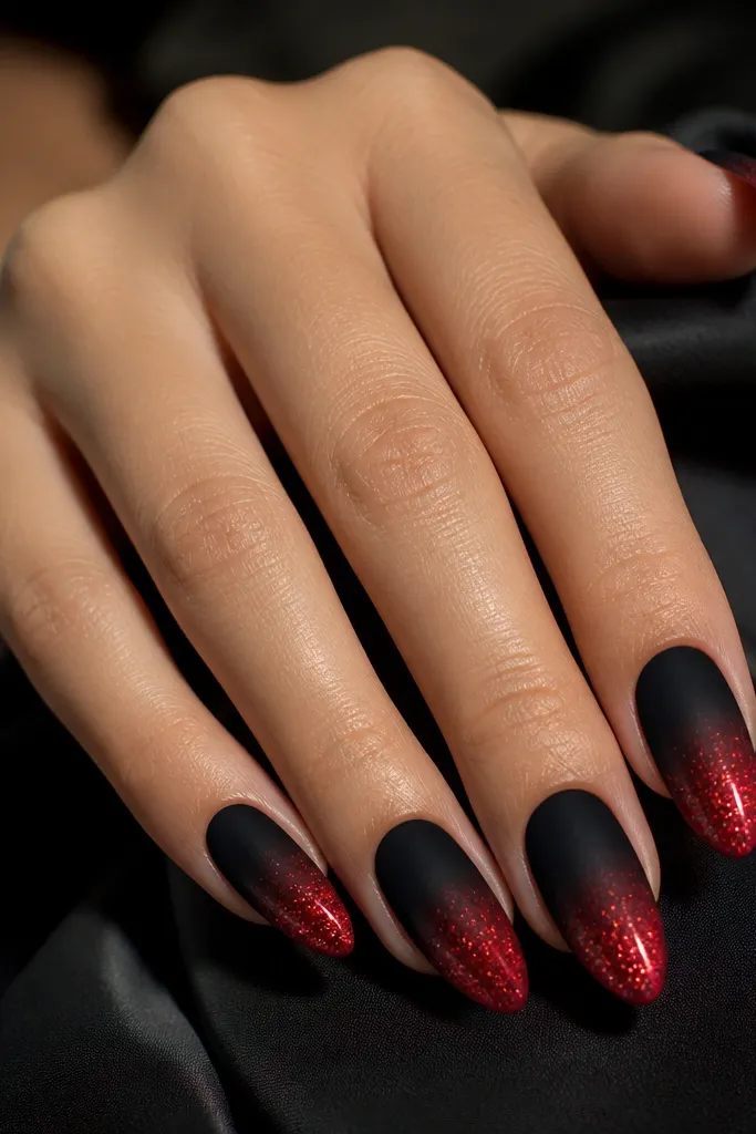 Almond nails with a black-to-red ombre; the red area is loaded with fine micro-glitter that sparkles while the black stays mostly solid matte-black.