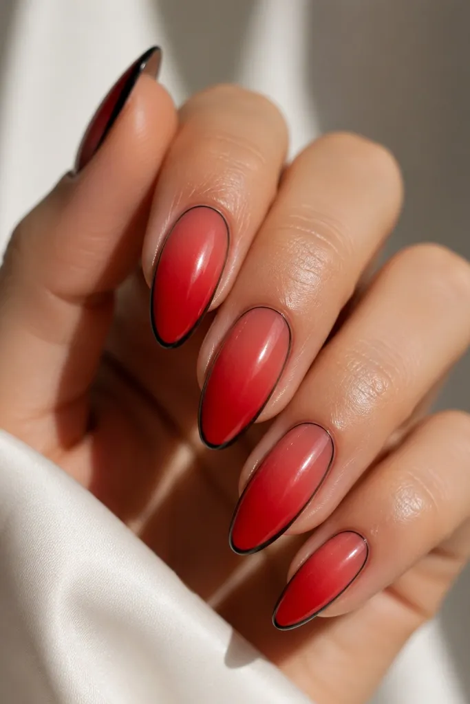 Almond nails with red ombre from tip to center; a thin black outline borders the nail shape near the edges, creating a crisp frame.