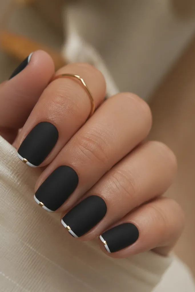 Short squoval nails painted matte black, with thin white French lines at the tips. The tips have tiny gold micro-foil slivers centered on the smile line, and the rest of the nail stays matte.