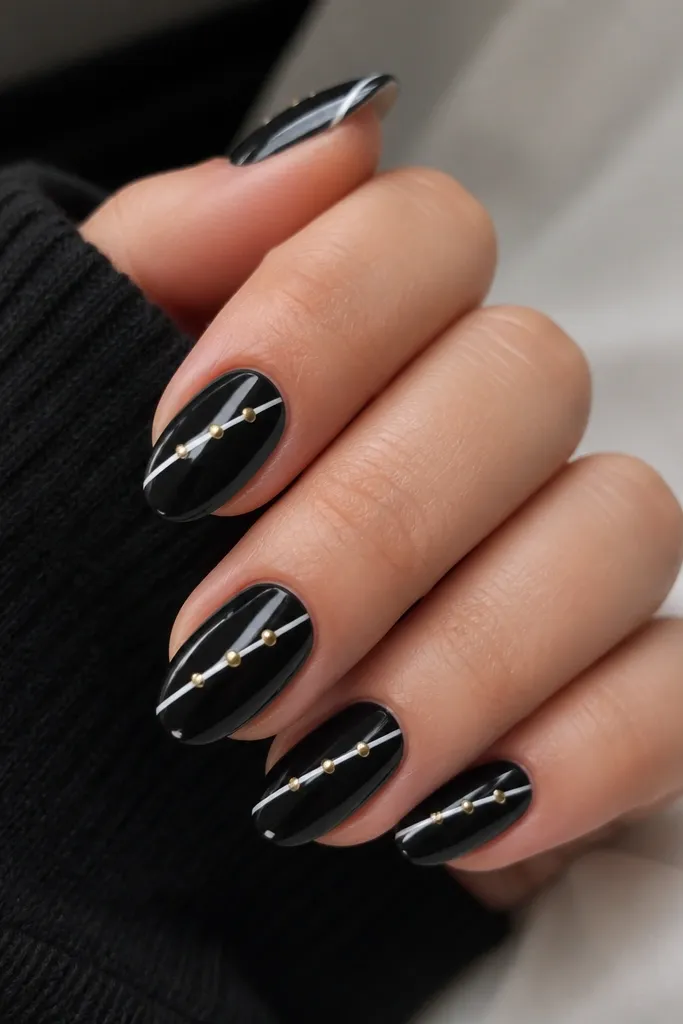 Medium almond nails in glossy black. Each nail has a sharp diagonal white slash from lower-left near the cuticle to upper-right at the tip. Two tiny gold studs sit where the white slash crosses the nail center.