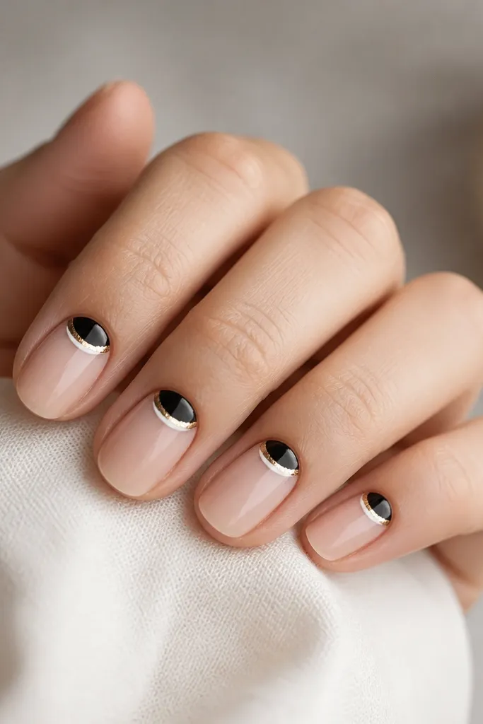 Nails have a clear base with a black half-moon near the cuticle. Around the half-moon there's a thin white outline. A thin gold foil arc sits on the top edge of the half-moon area.