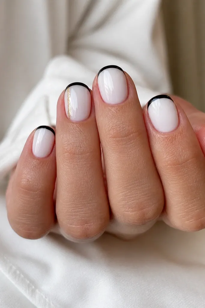 Short round nails with a glossy white base. Tips are painted black in a classic French shape. On the ring finger, a small vertical gold foil strip sits near the side wall.