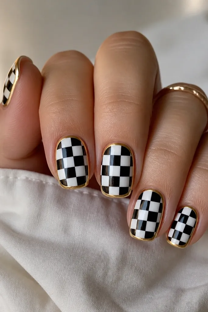 Square checkerboard pattern across the nails in alternating black and white squares. Around the entire nail there's a thin gold outline line like a picture frame.