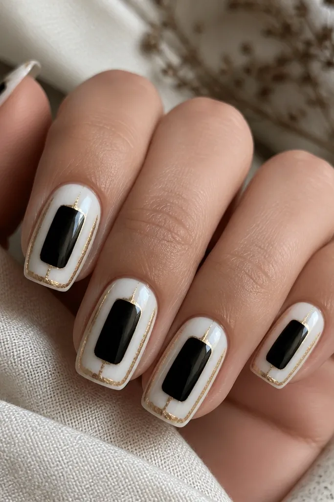 Nails have a glossy white base. A gold foil frame outlines the perimeter like a rectangle. Inside the frame, a black inset shape sits in the center, with small negative gaps at the sides.