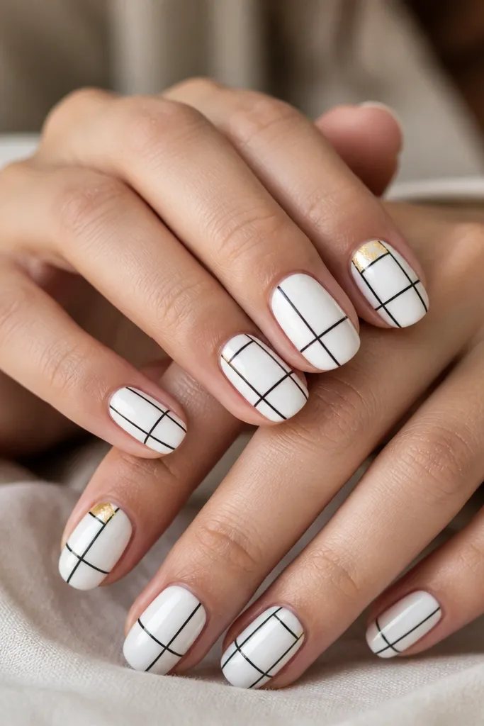 Nails have a clean glossy white base. Thin black grid lines form rectangles across the nail. At the top corners of two nails, gold foil accents sit like tiny corner stickers.