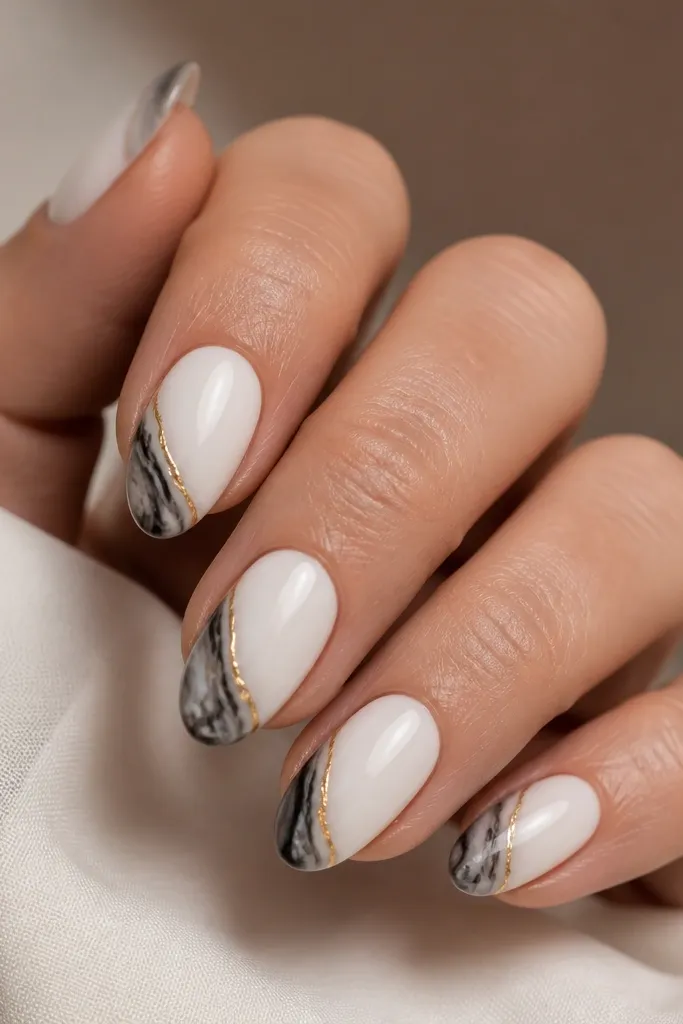 Short almond nails with a glossy white base. The tips have black marble swirls that fade into the white. Thin gold thread-like lines run along one side of the swirl on each nail.