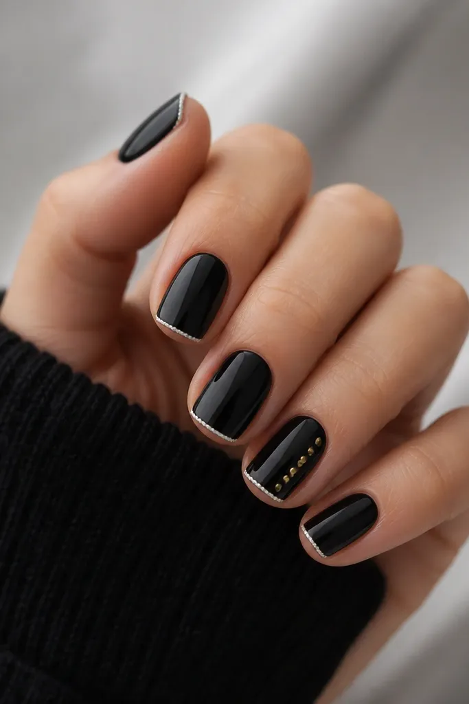Short squoval nails with a glossy black base. At the tips, a very thin white micro-French line. Along the micro-French edge, small white beads form a line. On one accent nail, gold dots step upward like a ladder.