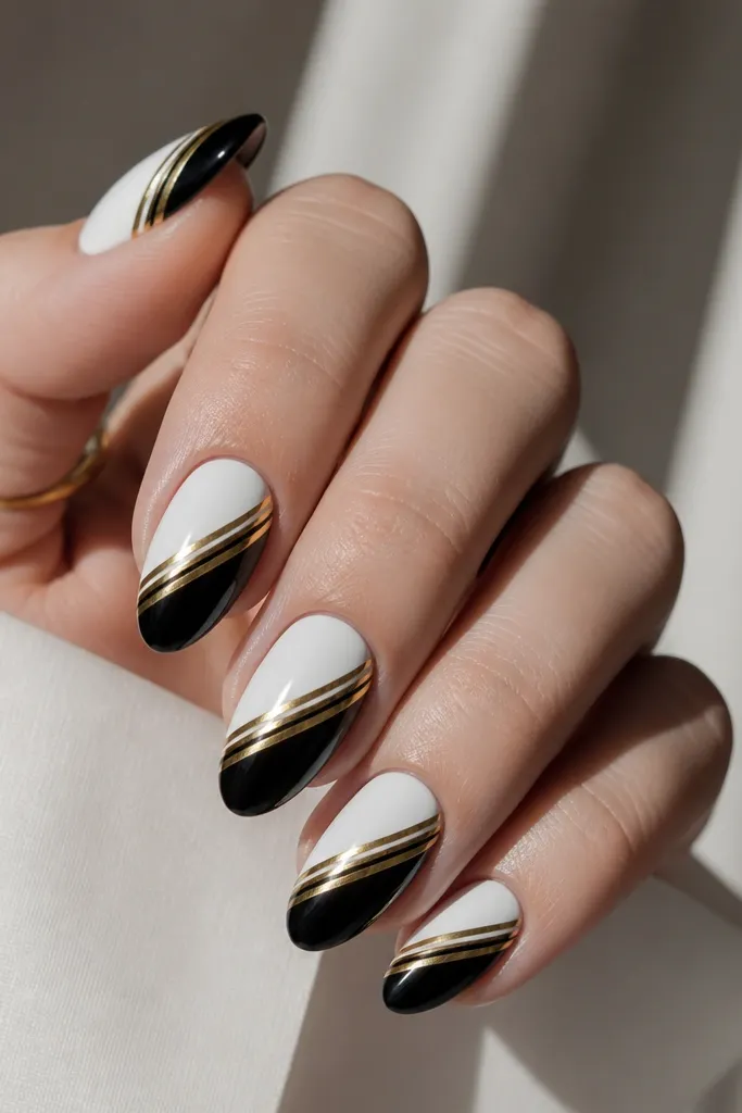 Medium almond nails split diagonally: one corner is glossy white and the other is glossy black. Two thin gold lines run diagonally across the split like tape stripes.