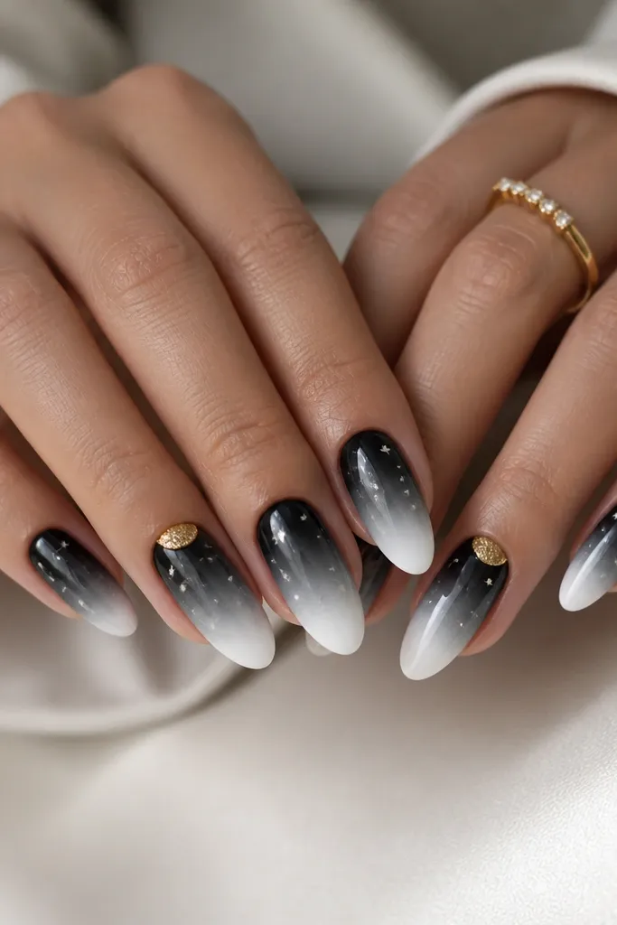 Nails fade from deep black near the cuticle to lighter gray and then to white at the tips. White tiny star decals are scattered near the mid-nail. On two nails, a gold half-moon sits near the cuticle like a crown.
