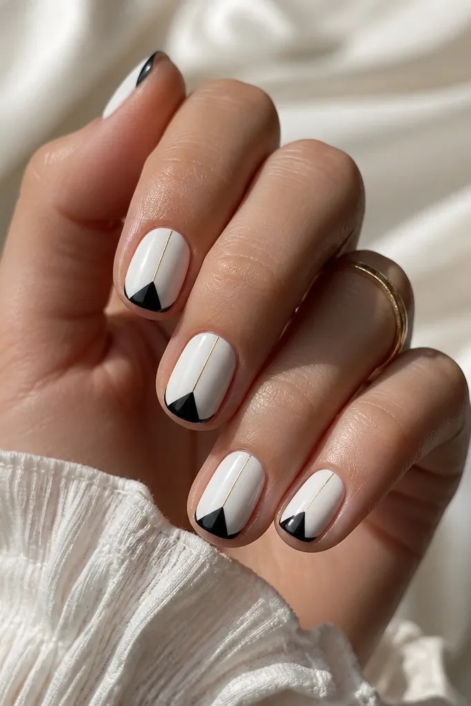 Short squoval nails with a glossy white base. The tips form a V shape in black from both side edges toward the center. A thin gold line runs vertically down the center of the nail.