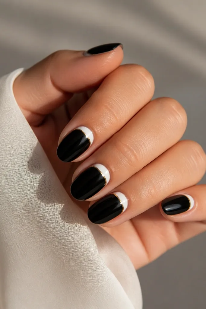 Medium round nails in glossy black. A clean white half-moon sits at the cuticle edge. Along the top edge of the white half-moon is a thin gold foil outline.