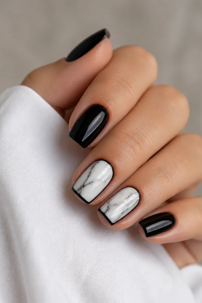 Most nails are solid glossy black. Two accent nails are white marble with black outline around the marble area. Tiny gold specks scatter within the marble veins.