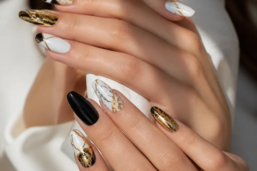 20 Black White And Gold nails with stylish contrast