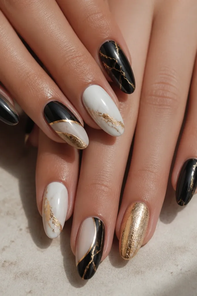 20 Black White And Gold nails with stylish contrast