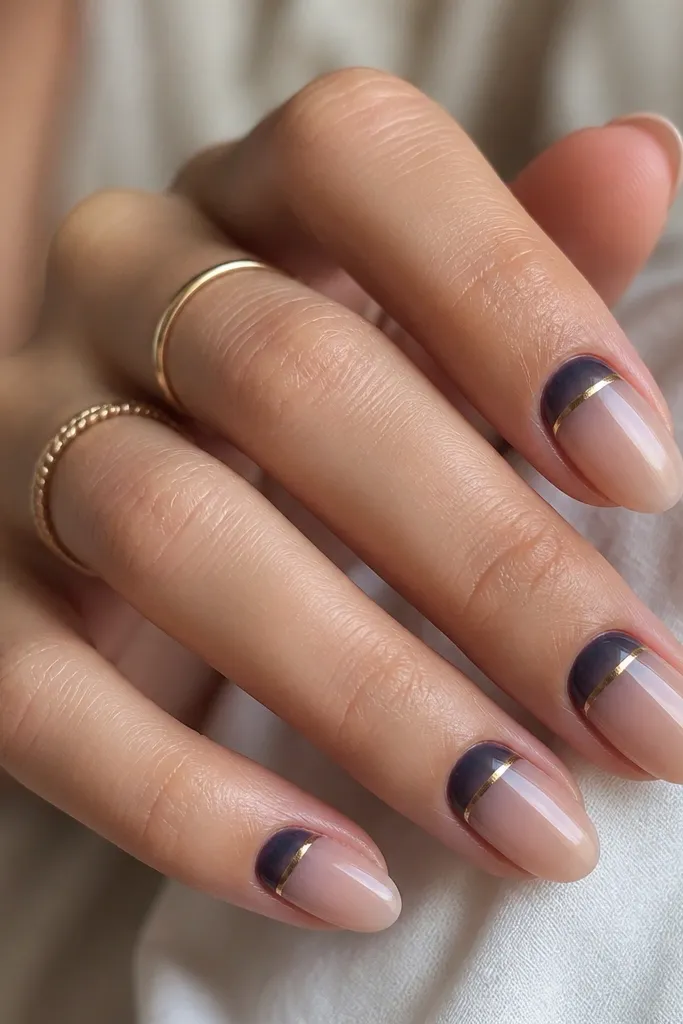 A set of short almond nails. The cuticle area has a smoky navy half-moon that fades outward. The remaining nail is a sheer nude base. A thin band of caramel-gold chrome sits along the half-moon edge, catching light like a thin wire.