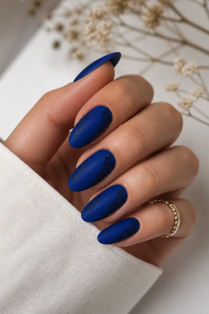 Medium almond nails with a deep cobalt base in a velvety, slightly matte finish. Along the outer edge near the sidewalls there are thin black leaf-like shapes, almost like pressed leaves. The center of the nail stays clean.