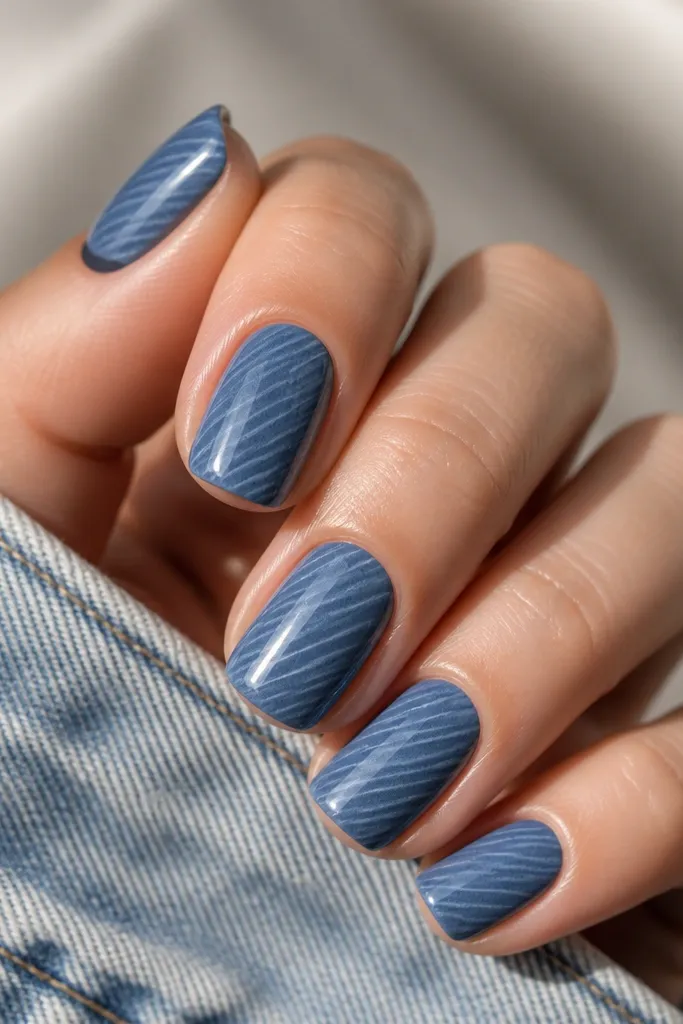 Medium squoval nails. The base is a faded denim blue with thin darker blue diagonal stripes. The bottom corners near the sidewalls are matte, creating a two-tone effect. The rest of the nail is glossy denim.