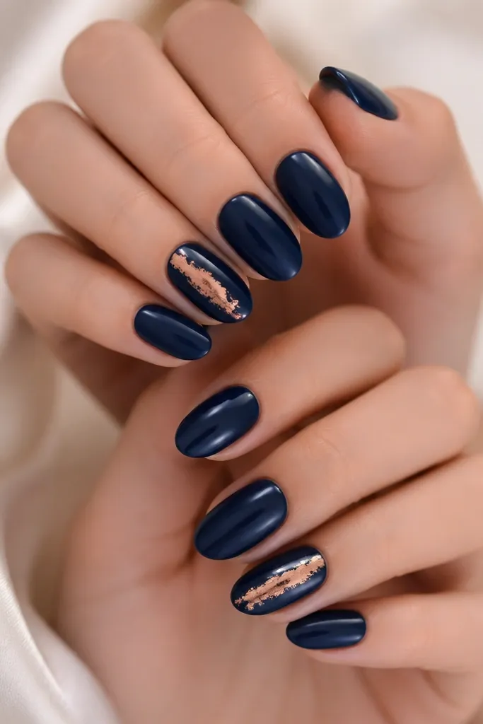 Medium almond nails in deep midnight blue glossy polish. One nail on each hand has a diagonal streak of copper leaf running from near the cuticle to the tip. The copper leaf has uneven edges and visible texture, while the rest stays plain blue.