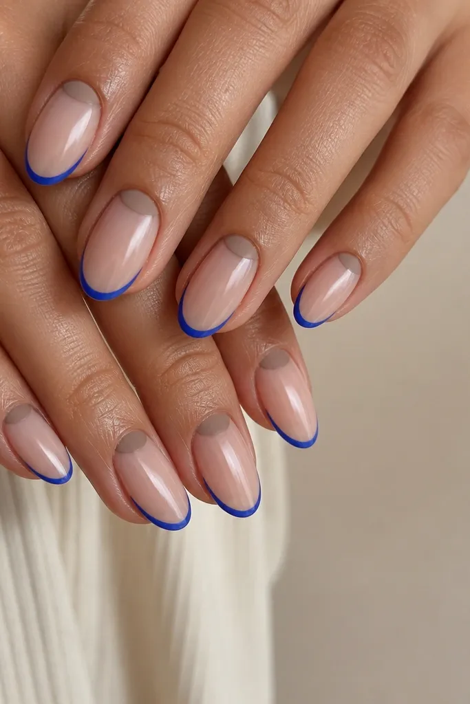 Medium almond nails with a sheer nude base. The tip has a cobalt outline French - just the outline, not filled. At the cuticle, there are matte taupe half-moons. The rest is glossy nude.