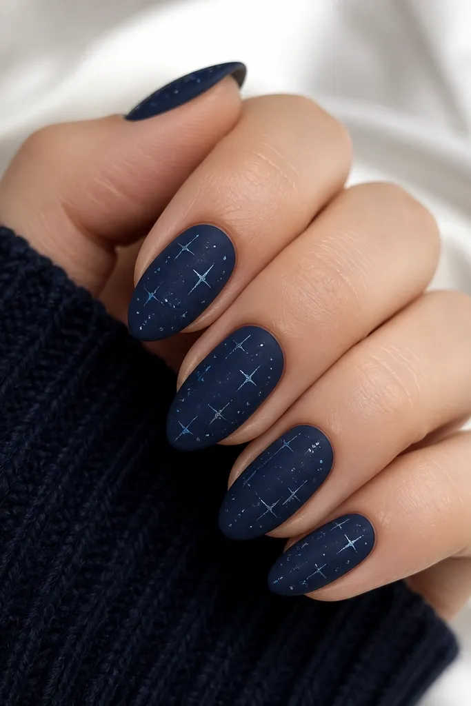 Medium almond nails with a matte deep navy base. Tiny star dots in silver and light blue glitter are scattered, with a few small "star" bursts made by thin lines. The stars are subtle, not chunky, and the rest stays matte.