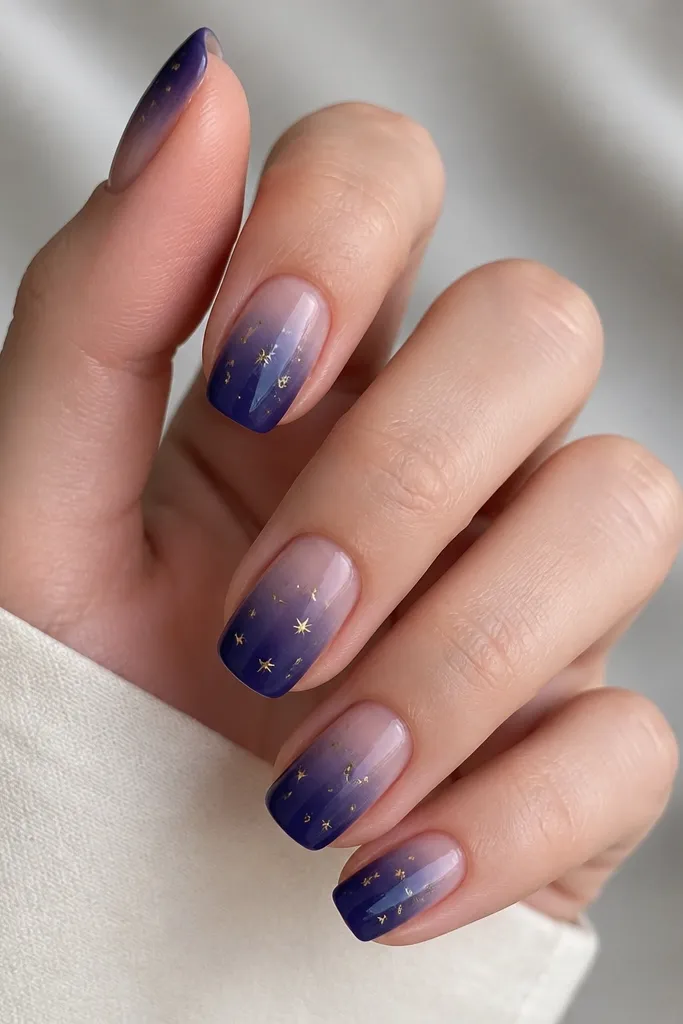 Medium squoval nails. The nails fade from deep indigo at the tip to lighter indigo near the base. The cuticle area is matte nude, creating a soft frame. Tiny micro gold stars are scattered near the center of each nail.