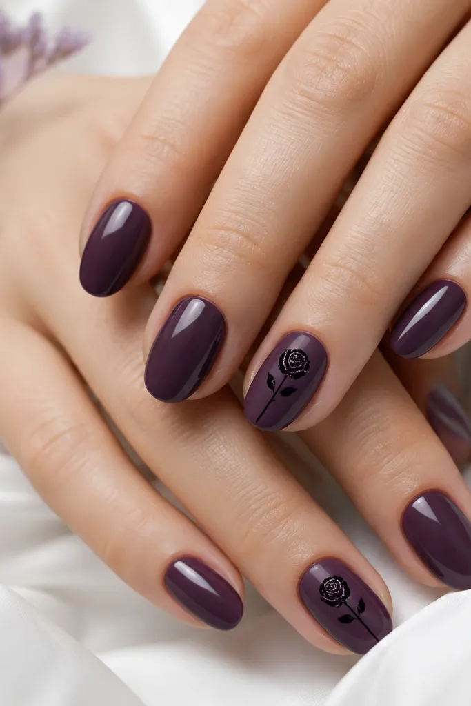 Crème deep purple nails with a single black rosebud drawn on each ring finger; the roses have petals and tiny dot highlights, glossy and crisp.