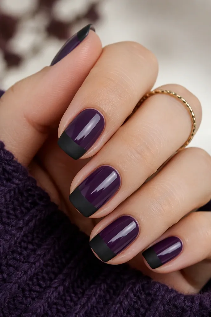Glossy dark purple nails with a matte black tip band; the contrast between shine on the base and powder-matte tips is very clear.