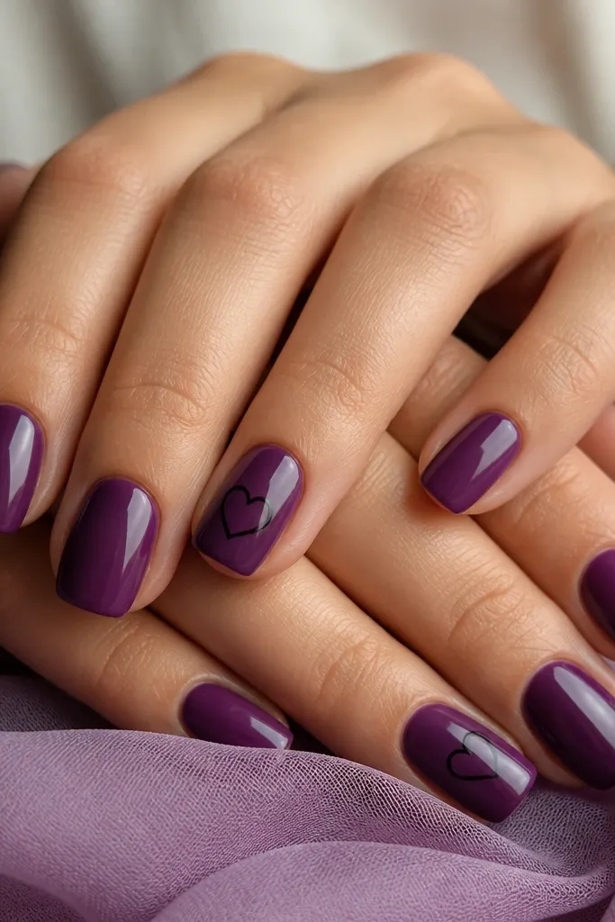 Velvety deep purple nails with small black outline hearts on the ring fingers; hearts are hollow with clean lines, glossy top coat.