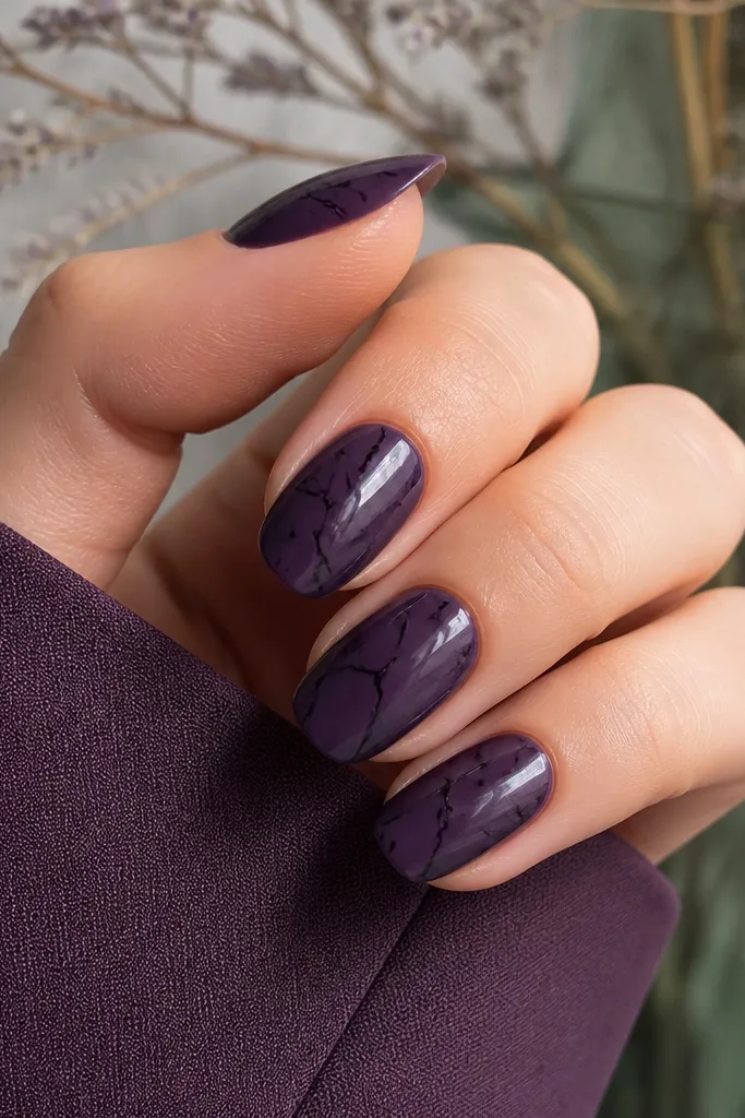 Dark purple nails with thin black vein lines that branch like marble cracks; the veins are outlines, not filled, with glossy top coat.