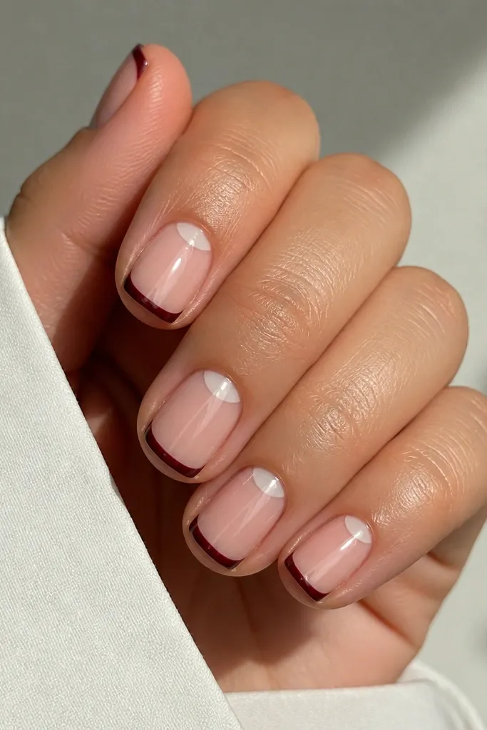 Short square nails with a thin oxblood micro-French line at the tip. The center of each nail is clear nude, and there is a small bare half-moon near the cuticle. Everything looks glossy and sharply lined.