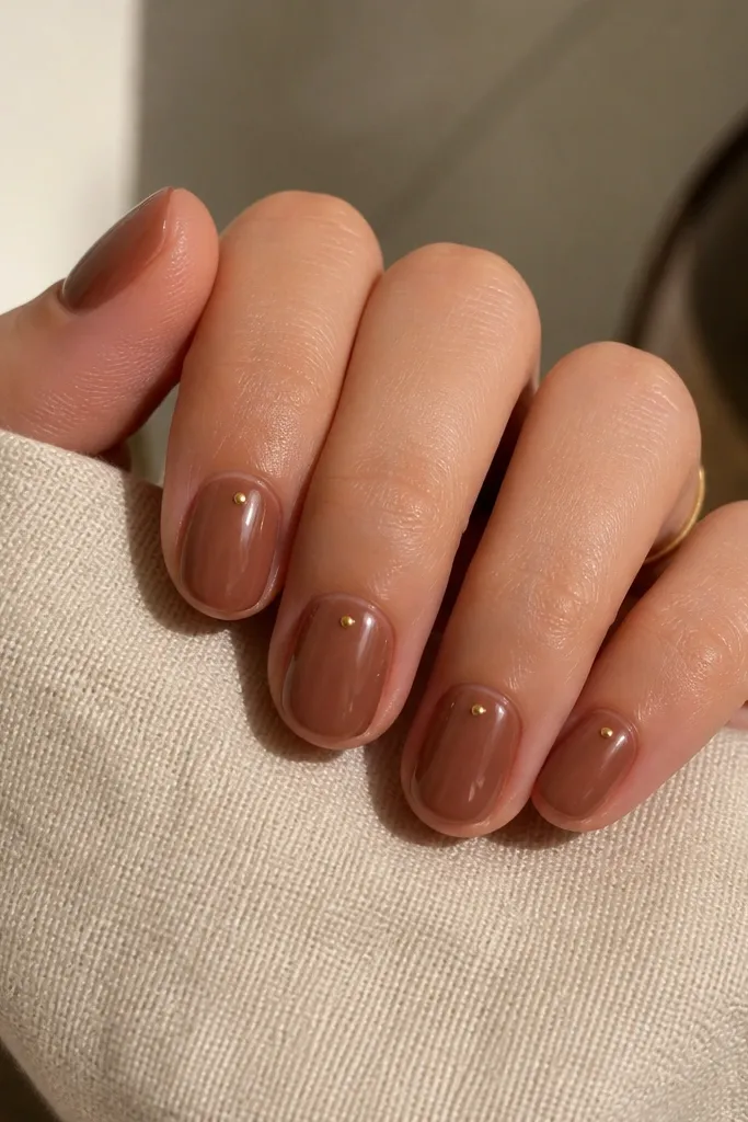 Short rounded nails painted in a milky cinnamon-brown jelly tone. On each nail, there is a single tiny gold dot near the center of the nail, slightly above mid-point. The finish is glossy and warm.