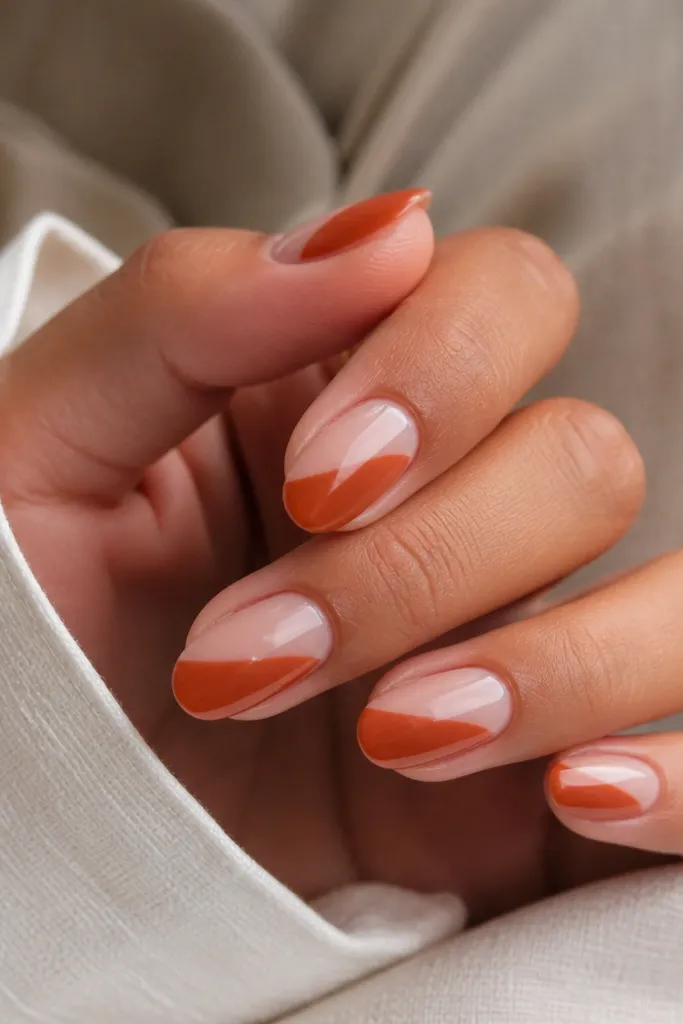 Short almond nails with a nude base. Half of each nail has a diagonal terracotta burnt orange swipe starting near the sidewall and stopping before the other side. The swipe is smooth and glossy.