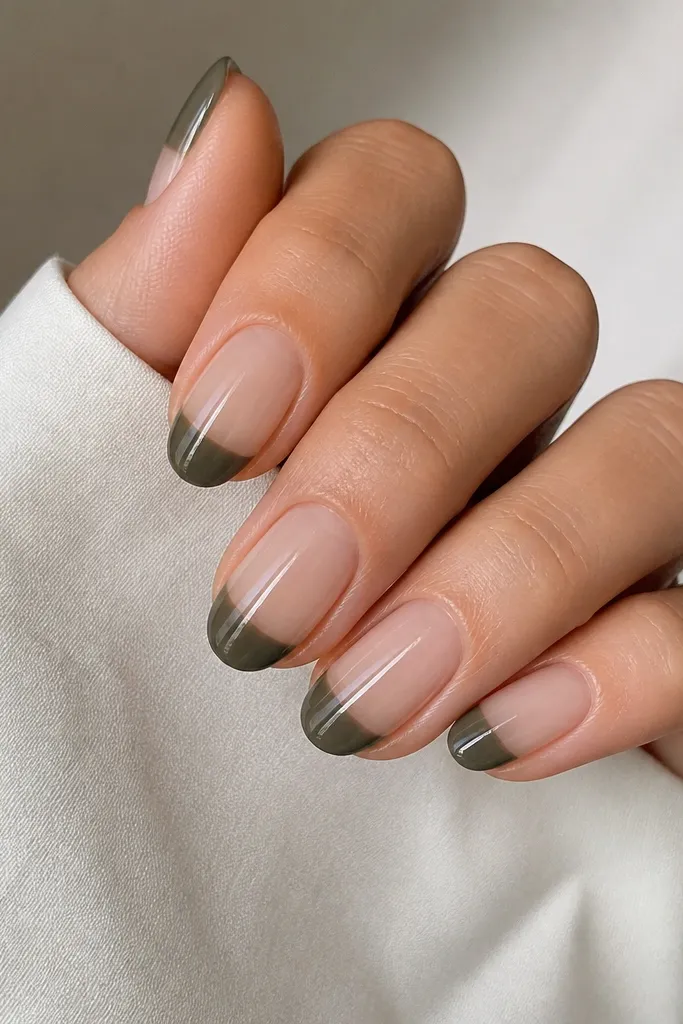 Short oval nails with a sheer nude base. The tips are painted smoky olive, but there is a thin clear vertical stripe running down the center of each nail from near mid-point to the tip. Glossy finish.