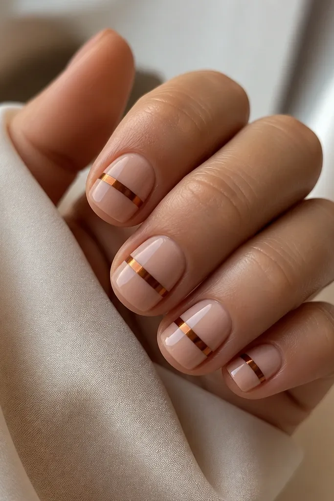 Short square nails in a nude blush base. On each nail, there is one thin horizontal chestnut-brown chrome streak across the middle, like a metallic band. Glossy top coat.