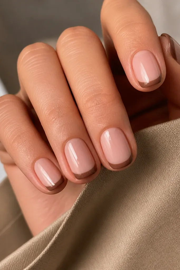 Short rounded nails with a nude base and a classic medium-width cocoa brown French tip. The French line is even and clean, with a glossy finish.