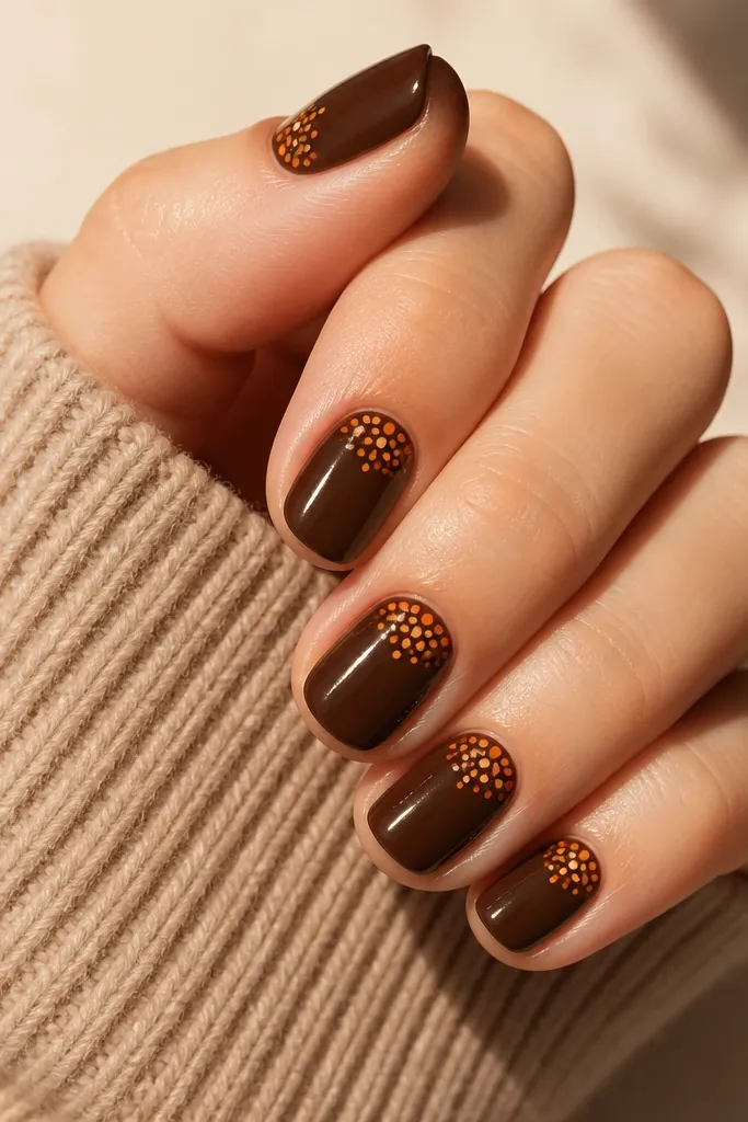 Short nails with a deep caramel brown base. At the cuticle area, there are small dot clusters in amber gold and light orange arranged like a mini maple leaf. Glossy finish.
