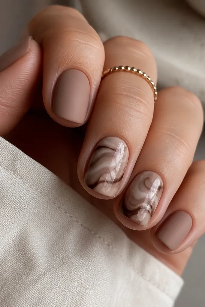 Short nails mostly in a matte mocha nude. On two accent nails, there is soft marble swirls in taupe and dark brown over a nude base. The accent nails are glossy while the others are matte.