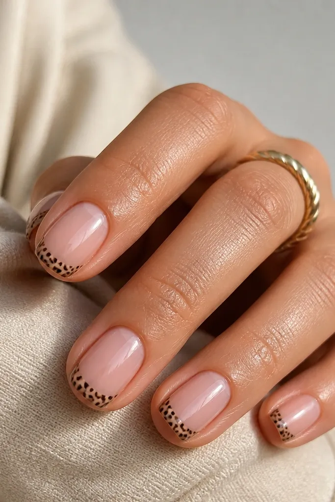 Short nails with nude bases. Each tip has a leopard spot pattern: tan base with small espresso brown spots, outlined lightly. Glossy top coat.