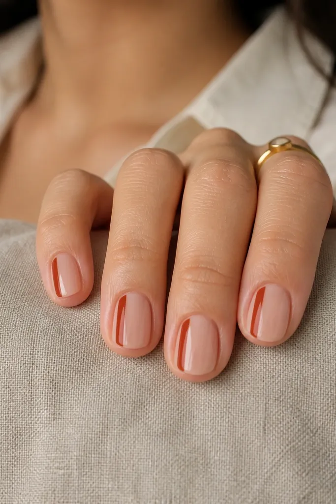 Short nails in a clear pink gel. A single burnt sienna vertical side stripe runs from near the cuticle to the tip on each nail, off-center toward one side. Glossy finish.