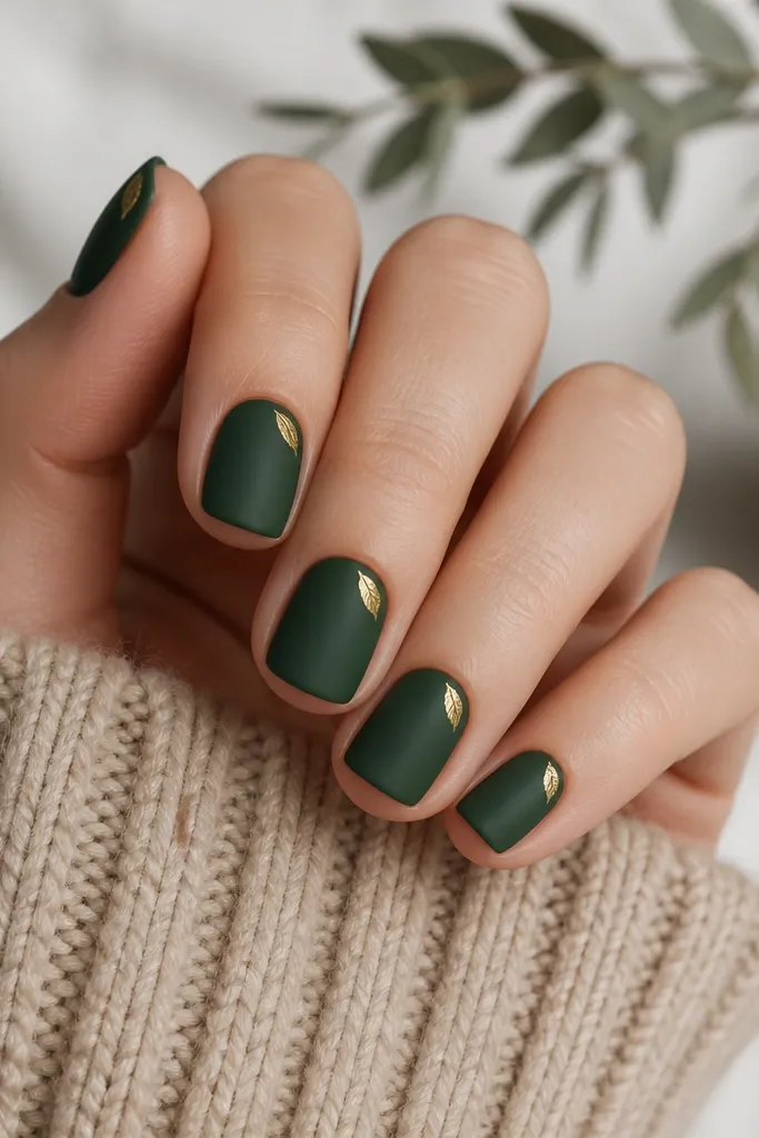 Short nails painted forest green with a matte finish. At the top outer corner of each nail near the free edge, there is a tiny gold leaf shape. The rest of the nail is solid matte.