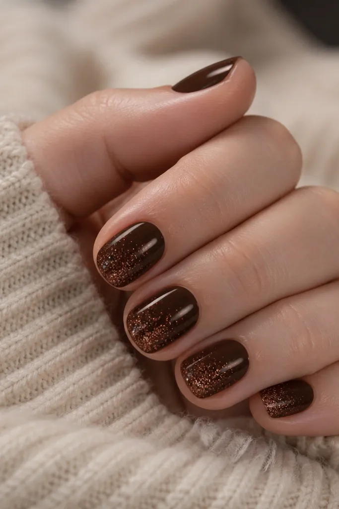 Short nails in a deep chocolate brown glossy glaze. From the tip upward, there is a subtle fade of fine micro glitter that stops around mid-nail. No glitter near the cuticle.