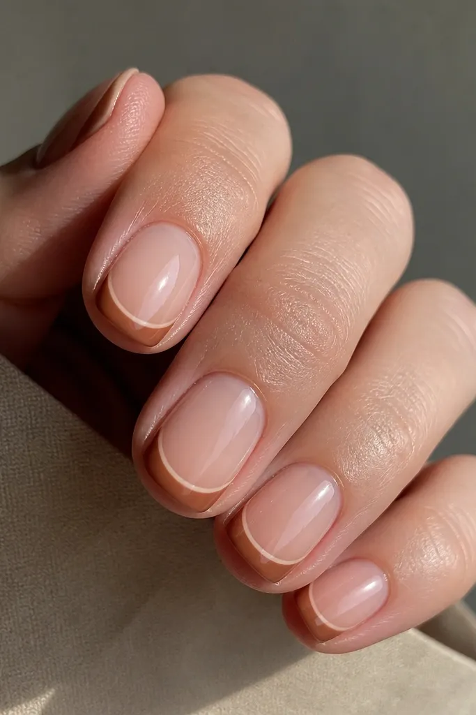 Short nails with a nude base. The tip is caramel gel, but there is a thin clear outline that follows the French curve, like a negative-space border. Glossy finish.